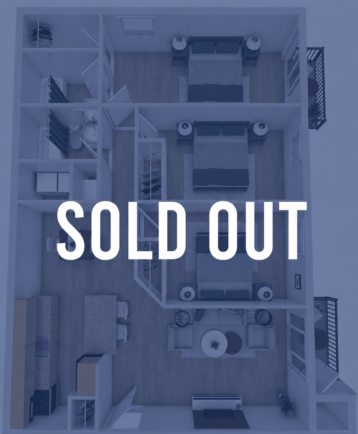 Top-down view of a furnished apartment floor plan with two bedrooms and a living area, overlaid with the text "SOLD OUT".