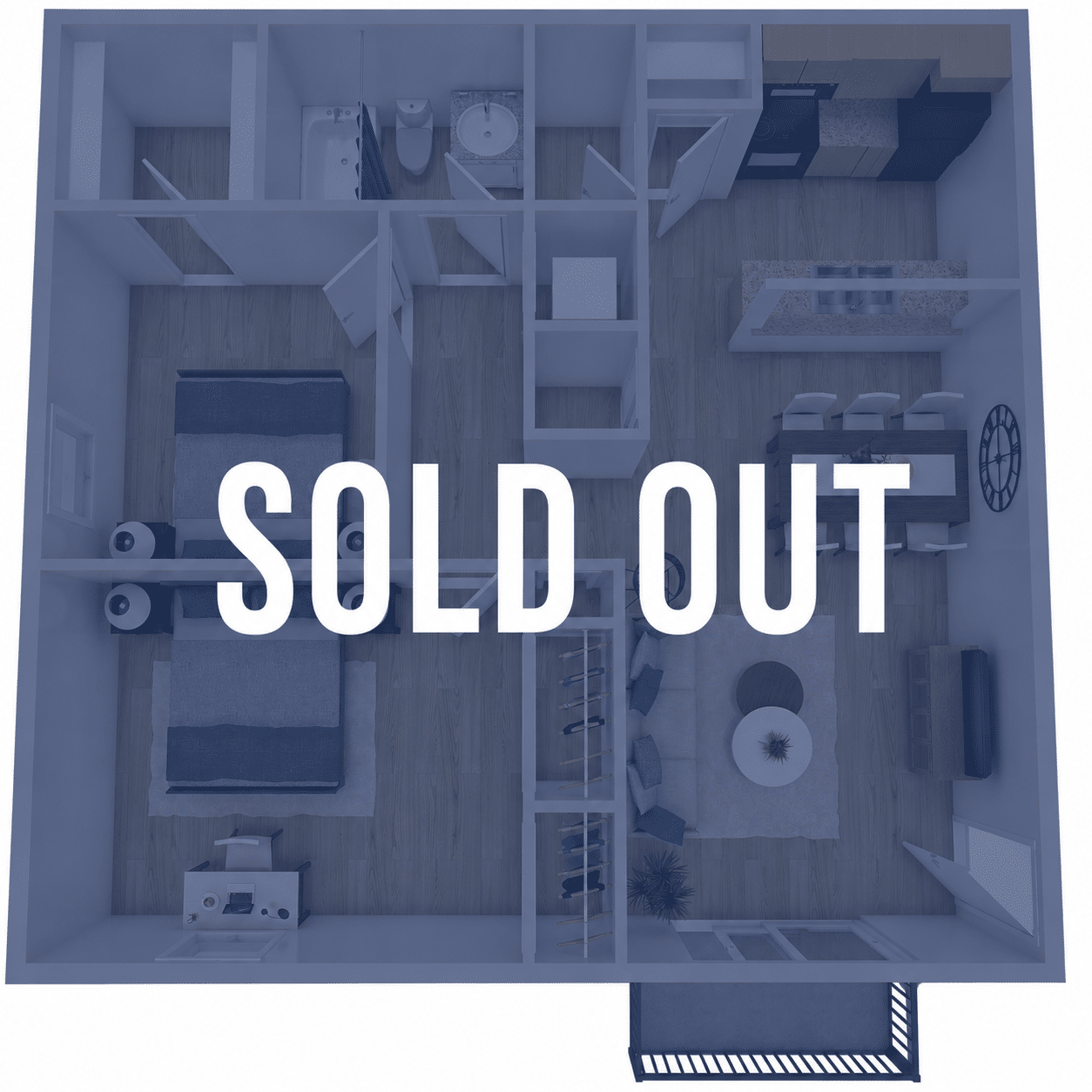 Top-down 3D floor plan of a residence showing rooms (bedroom, living area, kitchen) with a 'SOLD OUT' watermark across the image