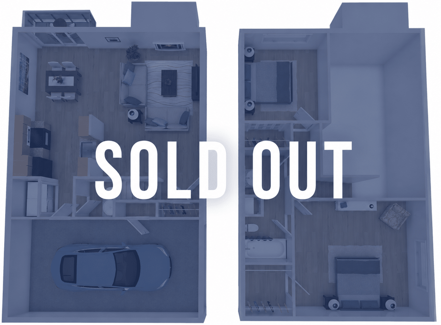 Top-down view of a two-unit house floor plan with a large 'SOLD OUT' banner across the middle.