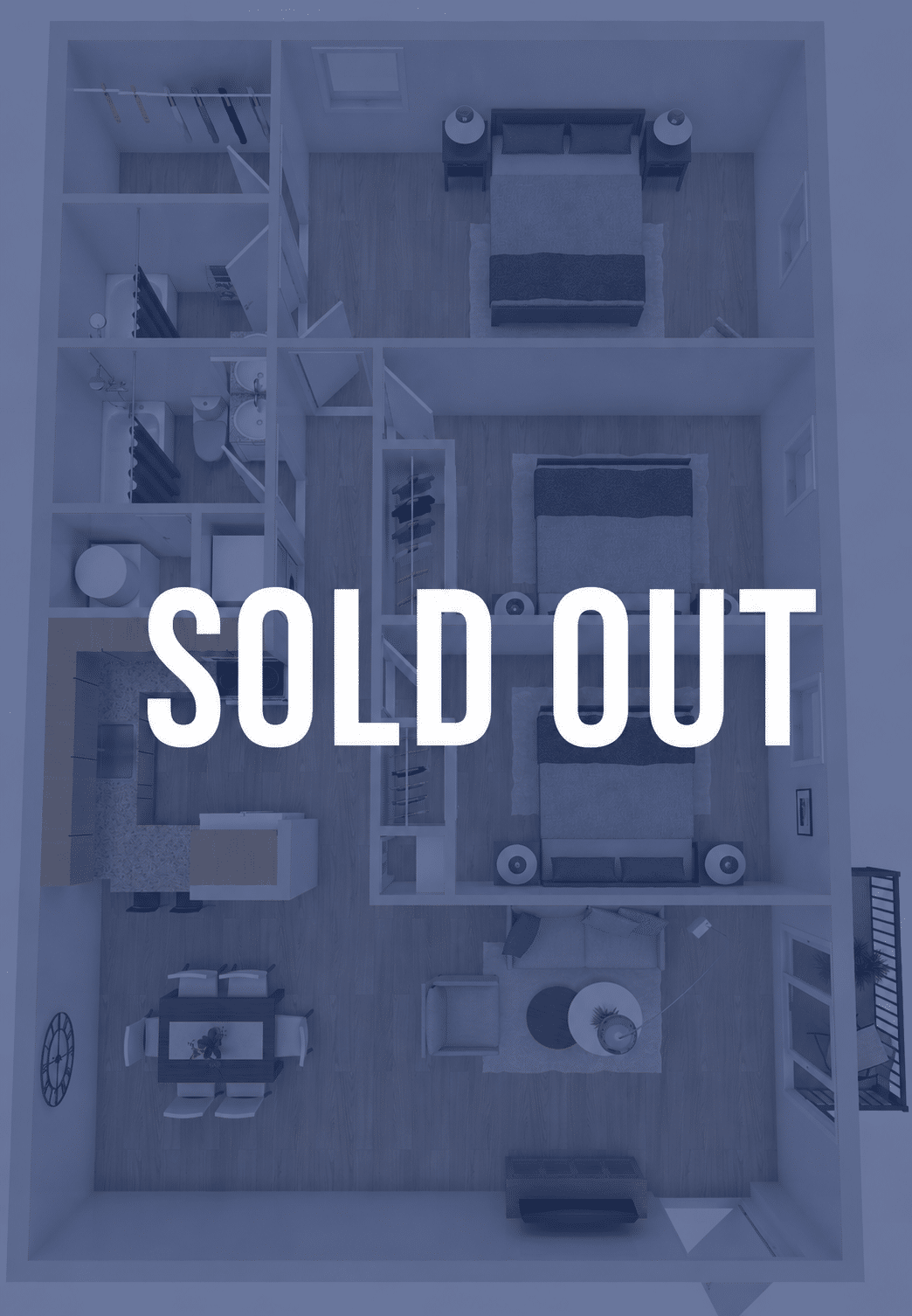 Top-down view of a furnished apartment floor plan with 'SOLD OUT' text across the center.