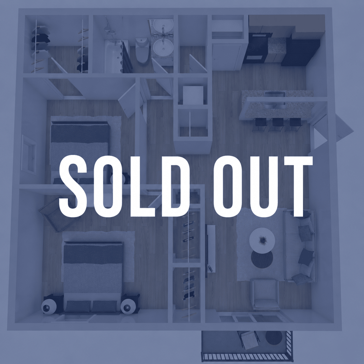 Top-down view of an apartment floor plan with rooms labeled by walls, overlaid by a large 'SOLD OUT' stamp.